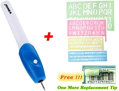 Engraving Pen Cordless for Wood Glass Leather Metal Steel Electronic &amp; CD with 1 More Replacement Tip Powered by AA Batteries and Free Plastic Ruler Alphabet Pattern 4 Sizes