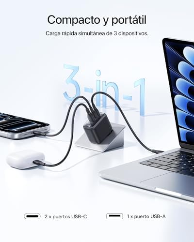 Carregador USB C Enerfill 70W, Carregador Rápido GaN6 de 3 portas, Carregador Compacto para MacBook Air, iPhone 17/16/15 Pro MAX, iPad Pro, Galaxy S25/S24, Pixel, Portátil e muito mais