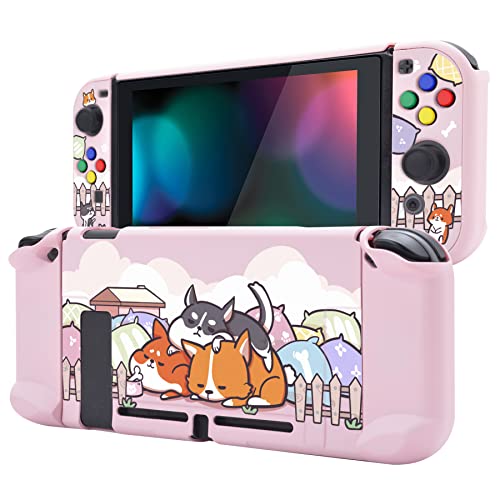 eXtremeRate PlayVital Back Cover for Nintendo Switch Console, Separable Protector Hard Shell for Joycon, Dockable Protective Case with Colorful ABXY Direction Button Caps - Sleeping Shiba Inu Puppies