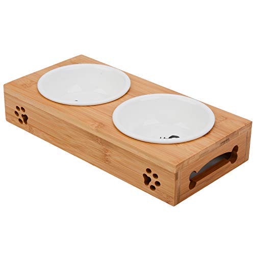 Legendog Cat Bowls, Elevated Dog Cat Bowls, Fashion Cat Ceramic Bowl with Bamboo Stand, Cat Food Water Bowl, Pet Bowls for Cats and Small Dogs