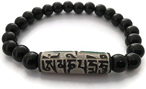 Tibetan Om Mani Mantra Stone Carved Black Onyx Beads Stretch Bracelet