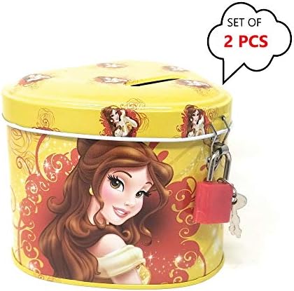 HMI Original Disney and Marvel Character Licensed Heart Shaped Metal Coin Bank / Money Bank, with Lock & Key (Belle Princess)