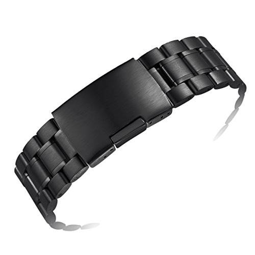 20mm Men's Black High-end 316L Stainless Steel Watch Straps Bands Straight Ends Fold-Over Clasp
