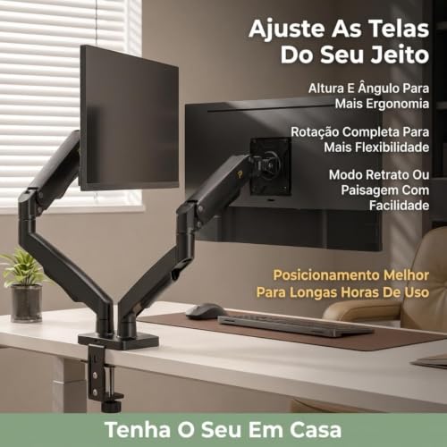 Suporte Duplo para Monitor com Pistão a Gás JadeVic – Braço Articulado para 2 Monitores de 10 até 29 Polegadas com Rotação 360° - JadeVic