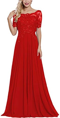 Lace Applique Beaded Mother of The Bride Dresses Long with Sleeves Bateau Neck Maxi Formal Evening Gown