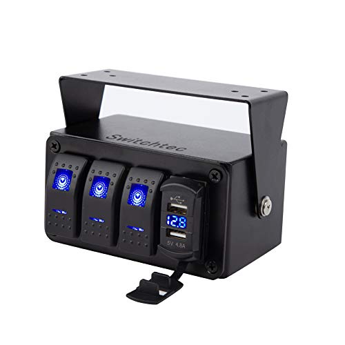 Switchtec 3 Gang Rocker Switch Panel with 4.8 Amp Dual USB Fast Charger w/Voltmeter, Blue