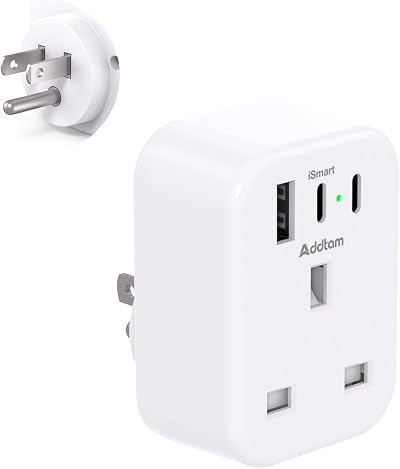 Addtam UK to US Plug Adapter 4 in 1 with 1 USB & 2 USB-C Ports Type B