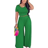 HBQ Two Piece Outfits For Women Casual Sweat Suits Backless Short Sleeve Crop Tops Wide Leg Pants Lounge Sets Tracksuit-Green-M
