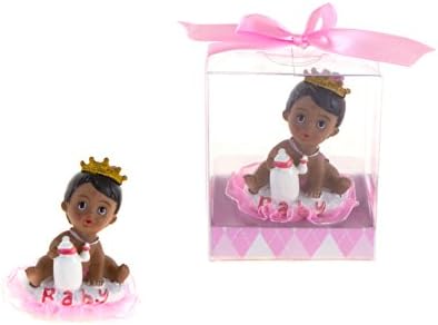 Lunaura Baby Keepsake - Set of 12 "Girl" Black Ethnic Baby Wearing a Crown with Bottle Favors - Pink