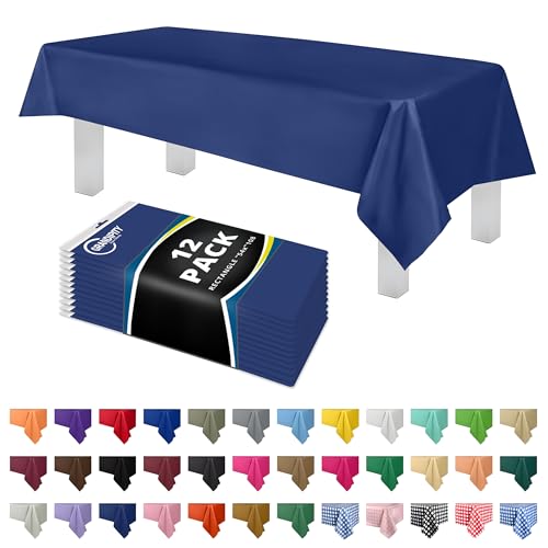 Grandipity 12 Pack Premium Disposable Plastic Tablecloth 54 Inch. x 108 Inch. Decorative Rectangle Table Cover - Navy Blue