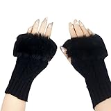 FUNOC Women Winter Knitted Fingerless Wrist Hand Warmer Faux Fur Gloves Mittens