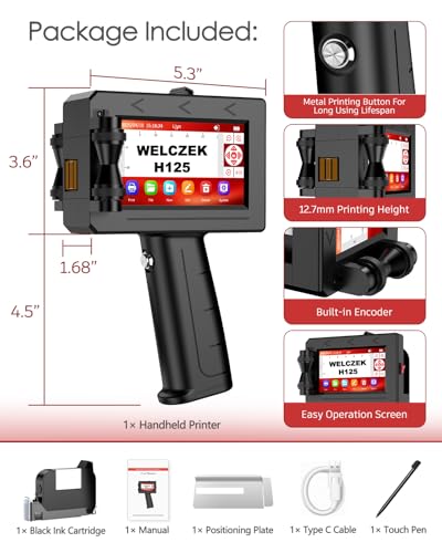 WELCZEK H125 Portable and Manual Inkjet Printer for Text/Logo/QR Code/Date/Batch/Series | Industrial Marking System on Cardboard/Metal/Plastic/Ceramic/Wood/Fabric