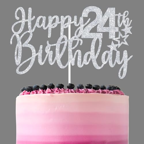 Sliver Glitter Happy 24th Birthday Cake Topper, Cheers to 24 Years/Hello 24/Twenty Four, Funny 24th Birthday Party Decorations for Women Men at Amazon