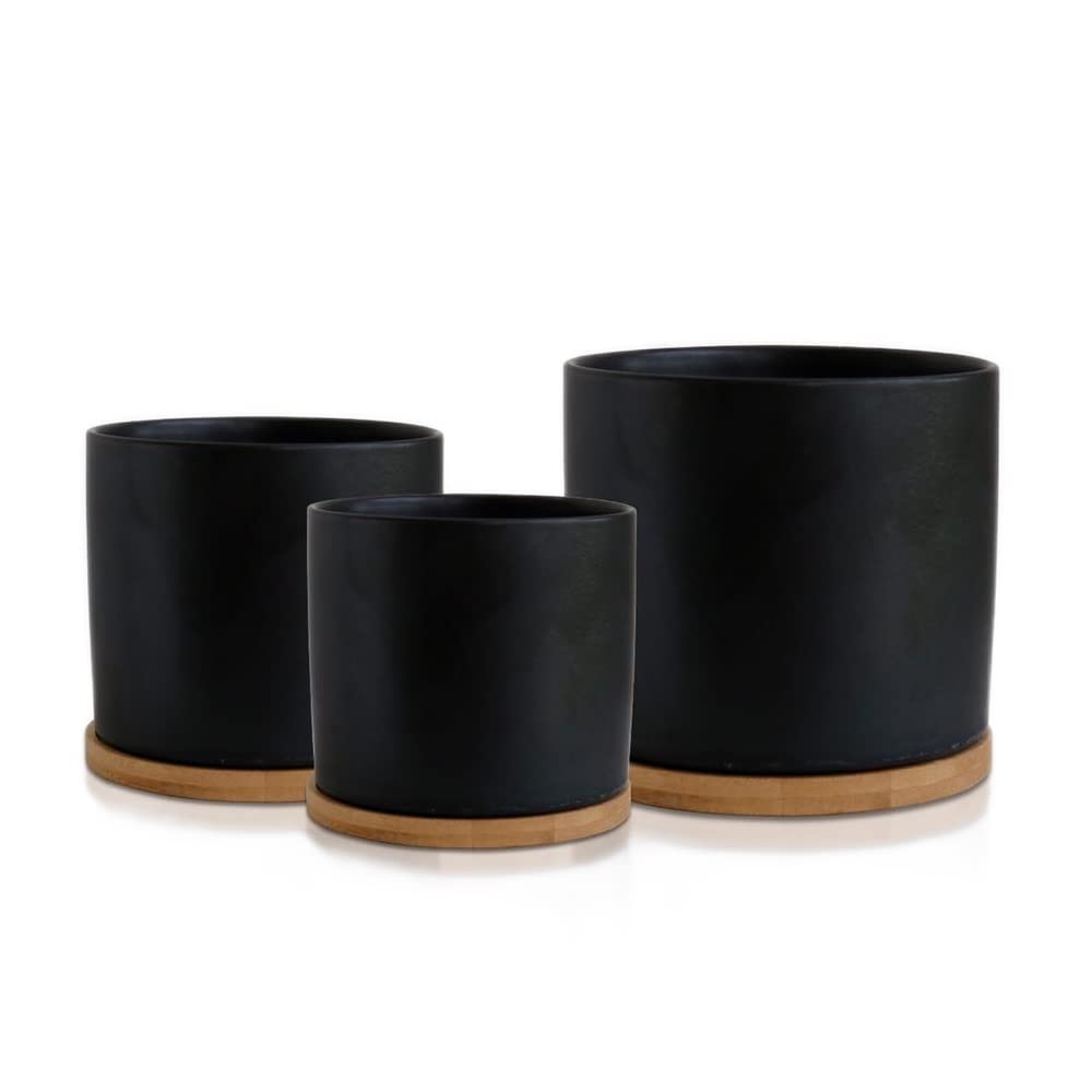 Olly & Rose Matt Black Set 3 Ceramic Plant Pots with Bamboo Coasters Indoor Planters White Pot Ser Ceramic Flower Pots Containers Outdoor Large, Medium, Small with saucers