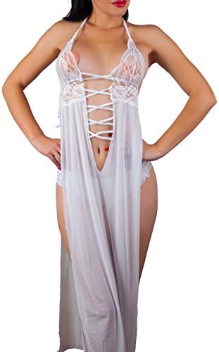 La Ansia Sexy Women Lingerie Babydoll V Neck Bridal Nightwear High Split Chemise Robe Babydoll (White)