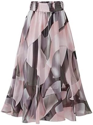 Hanomes Women Plus Size Floral Flower Printed Chiffon A-Line Skirt Ladies Elasticated Waist Lace-up Long Midi Skirt Fashion Elegant Casual Pleated Skirt