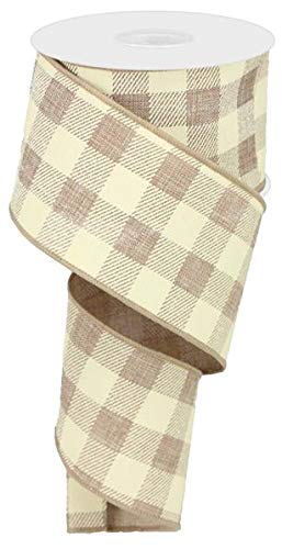 Plaid Check Wired Edge Ribbon - 10 Yards (Light Beige, Ivory, 2.5")