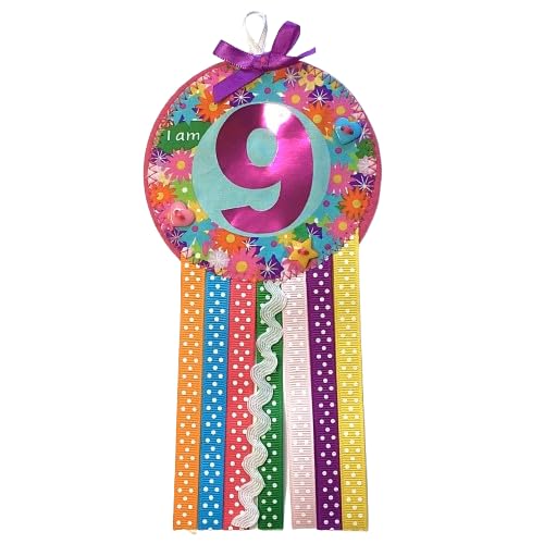 Ditsy Rosettes Floral Birthday Rosette Badge - Age 3, 4, 5, 6, 7, 8, 9 - Perfect Party Gift card – Birthday Boy, Birthday Girl (Age 9)