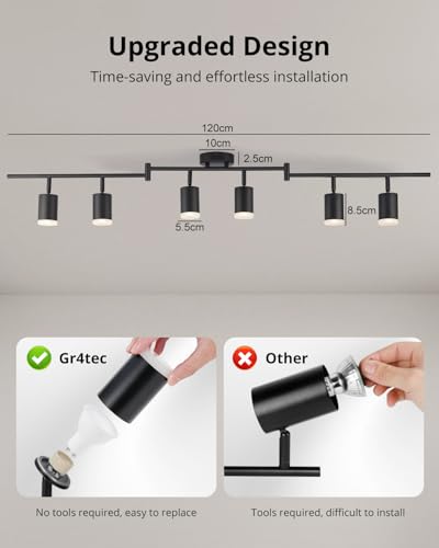Gr4tec Spotlight Ceiling Lights 6 Way, Black Ceiling Light Fitting Rotatable, Modern LED Spotlight Bar GU10, Indoor Kitchen Spot Light for Living Room Bedroom Hallway, Bulb Not Included