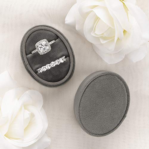 Koyal Wholesale Double Oval Velvet Ring Box, Vintage Wedding Ceremony Ring Box with Detachable Lid, 2 Piece Engagement Ring Box Holder, Proposal Idea, Slim Ring Box with Cushion (Slate Gray)