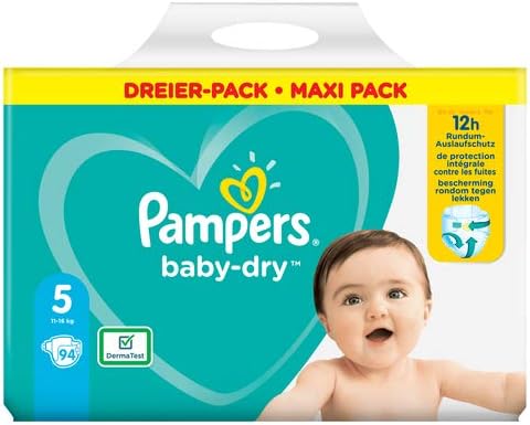 Pampers Baby-Dry Size 5 94 Nappies up to 12 Hours All-Round Protection, 11-16kg, 2,688 kg, White, Size 5 (Pack of 94)