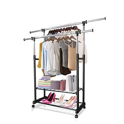 PowCube Adjustable Garment Rolling Double Rods Collapsible Clothing Rack with 2 Shelves, Large, Black