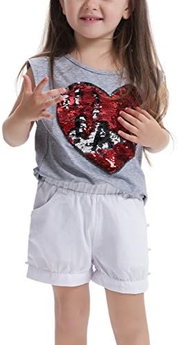 Feiterawn Summer Casual Grey Tank Tops For Girls O Neck Cotton Sequin Sleeveless T Shirts Tees, Height 47.2 inch, Grey