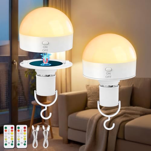 Kimjo E27 Rechargeable Bulb with Remote Control Set of 2-10W Rechargeable Bulb with USB Battery 3 Colours Dimmable – Magnetic Removable Bulbs with Battery Lamp for Camping