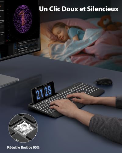 TECURS Clavier sans Fil 2,4 GHz AZERTY Français avec Repose-Poignet, Noir | Rétroéclairage 7 Couleurs, Rechargeable, Ergonomique, Récepteur 2-en-1 USB-A et Type-C, Silencieux, pour Windows PC, Bureau