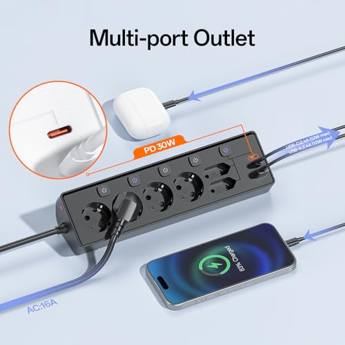 3M Power Strip with USB, 6 Power Sockets and 3 USB, PD 30 W Power Strip with Surge Protection, Electrical Power Strip with Switch for Desk, Office, Home