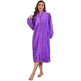 LYCY Women Plush Zipper Robe, Long Fleece House Coat Nightgown with Pockets Solid Bathrobe