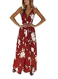 FFLMYUHULIU Women's Strap Floral Print Lace up Backless Deep V Neck Sexy Split Beach Maxi Dress (C039hongse, S)