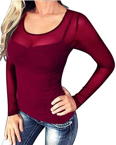 Letsfree Women's Sexy Mesh Sheer See Through T Shirt Blouse Long Sleeve Tops for Party Clubwear
