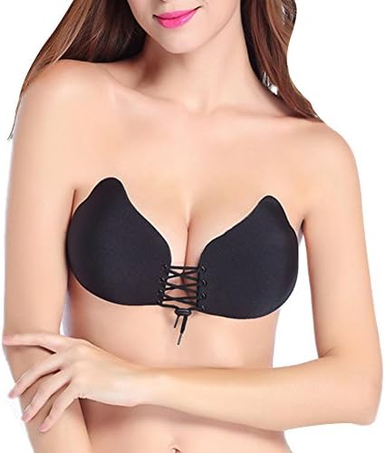 Women's Sexy Strapless Bra，Push Up Strapless Bra with Drawstring Reusable Invisible Silicone Backless Bras (C, Black)