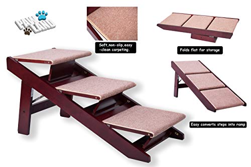 PAWLAND 2-in-1 Portable Folding Pet Stairs for Dogs, Cats, high beds, Wood Pet Safety Beside Dog Ramp,Dog Steps, Easy Climb Pet Step Stool (Mahogany)