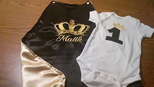 2 piece set Baby boy Toddler birthday Smash cake photo prop KING royalty black and gold crown cape and onesie