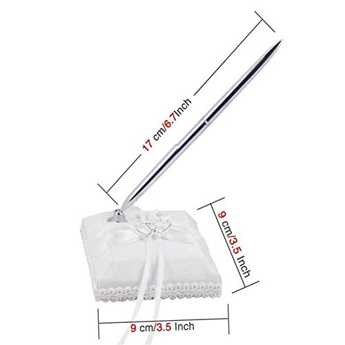 Youzpin 5Pcs Romantic Wedding Ceremony Party Favor Sets，Wedding Guest Book + Pen Stand + Flower Basket + Ring Pillow + Garter Double Heart Rhinestone Decor Ribbon Bow Elegant Wedding Party Decoration. - Thumbnail 4