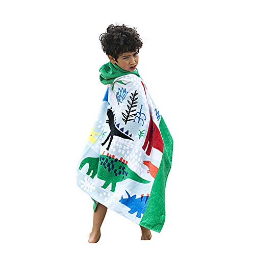 Kids Dinosaurs Hooded Bath Towel for Toddlers Under Age 6, 100% Organic Cotton, 50"x30" Oversized Poncho Robes, Super Soft and Absorbent, Bath/Beach/Swimming/Bathrobe Wrap for Baby