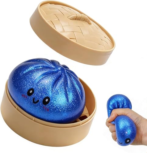 Glitter Dumpling,Blue Glitter Dumpling Squishies Box,Squeeze Dough Ball Stress Relief Hand Toys with Food Steamer Stretchy Desk Toys for Adults(Blue) (1)