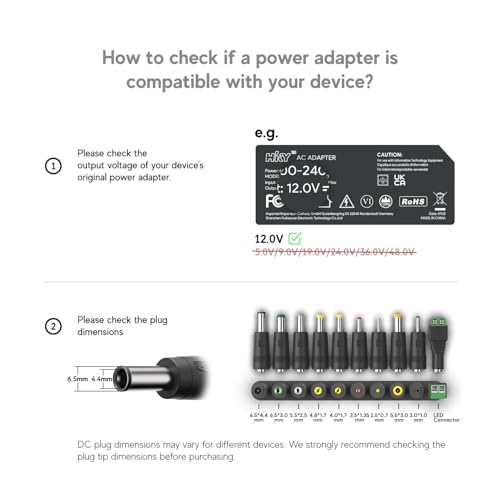 HKY 12V 5A Power Supply Power Supply Adapter Universal Charger 12v AC/DC 100-240v 50/60Hz 60W for LED Light Strips, LCD Monitors, TVs with 10 DC Plug Adapters