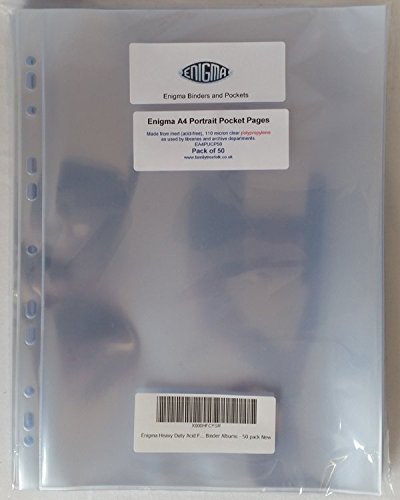 Enigma Heavy Duty Acid Free Archival Safe A4 Portrait Pockets for Ring Binder Albums - 50 Pack