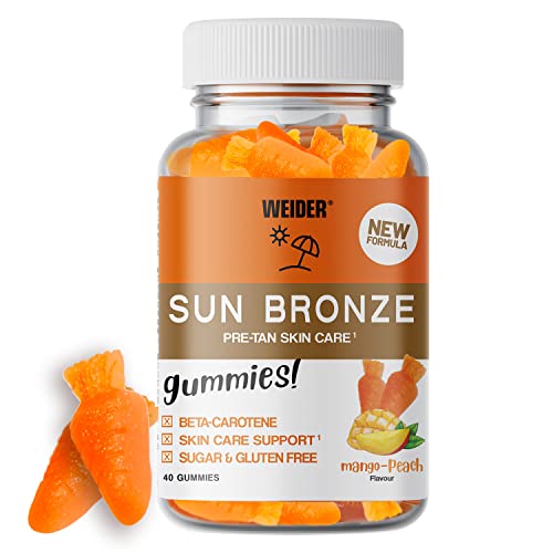Weider Sun Bronze Gummies (40 Caramelle Gommose) Sapore Mango-Pesca. Caramelle con beta-carotene, luteina, zeaxantina per potenziare l'abbronzatura e protezione della pelle. Senza Zucchero o Allergeni