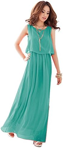 Qiaonier Womens U Neck Lotus Leaf Edge Elastic Waist Long Dress (L, Green)