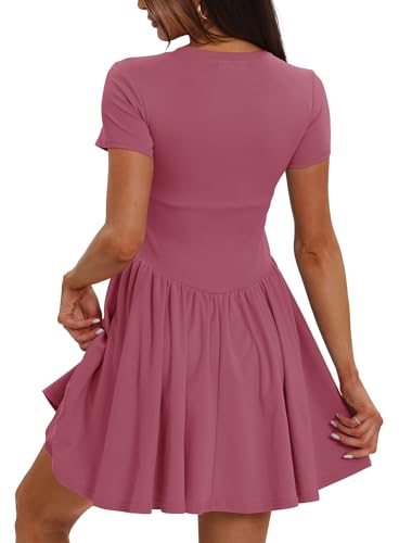 DARONG WOMEN’S CASUAL PLAIN SIMPLE T-SHIRT A LINE DRESS CREW NECK DROP WAIST MINI DRESSES 9051 RASPBERRY PINK M