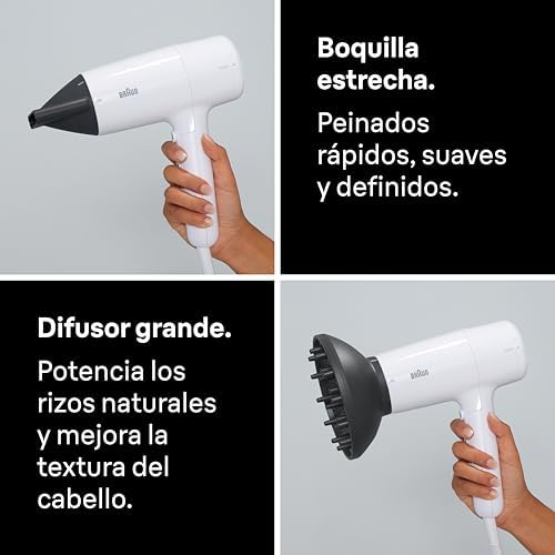 Braun HD2.21 Secador de cabelo – Secador potente com difusor e bico de secagem, tecnologia IONTEC, motor de 2200 W, 3 definições de temperatura e 2 de velocidade, acabamento branco brilhante – BRHD226E