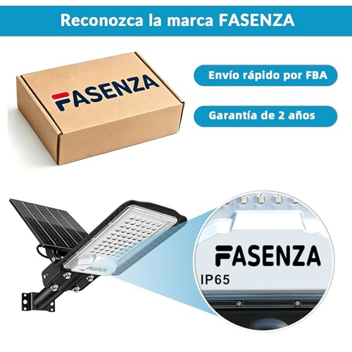 FASENZA Lámpara Solar Exterior: 3000LM, 6500K, Batería 6000mAh, Carga 6h para 12h Iluminación, 3 Modos de Sensor Radar, IP65, Garaje, Almacén, Granero, Jardín, Patio y Terraza, 2 Años de Garantía