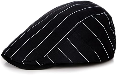 Men's Classic Beret Hat Cotton Stripe newsboy artist Flat Cap Outdoor - Black
