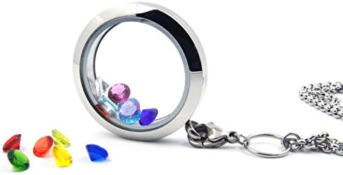 Ruselo 12 Months Charms Birth Stone Crystals Stainless Steel Glass Locket Necklace