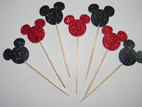 24 Black and Red Glitter Mickey Mouse inspired cupcake toppers food picks birthday party décor shower supplies