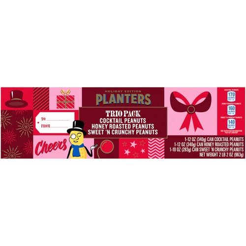 PLANTERS PEANUTS HOLIDAY TRIO PACK – SNACKS VARIETY PACK FOR ADULTS WITH SWEET N CRUNCHY, HONEY ROASTED, AND COCKTAIL PEANUTS (3 COUNT CANISTERS)